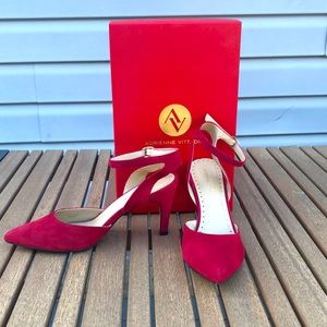 Adrienne Vittadini red suede pumps.